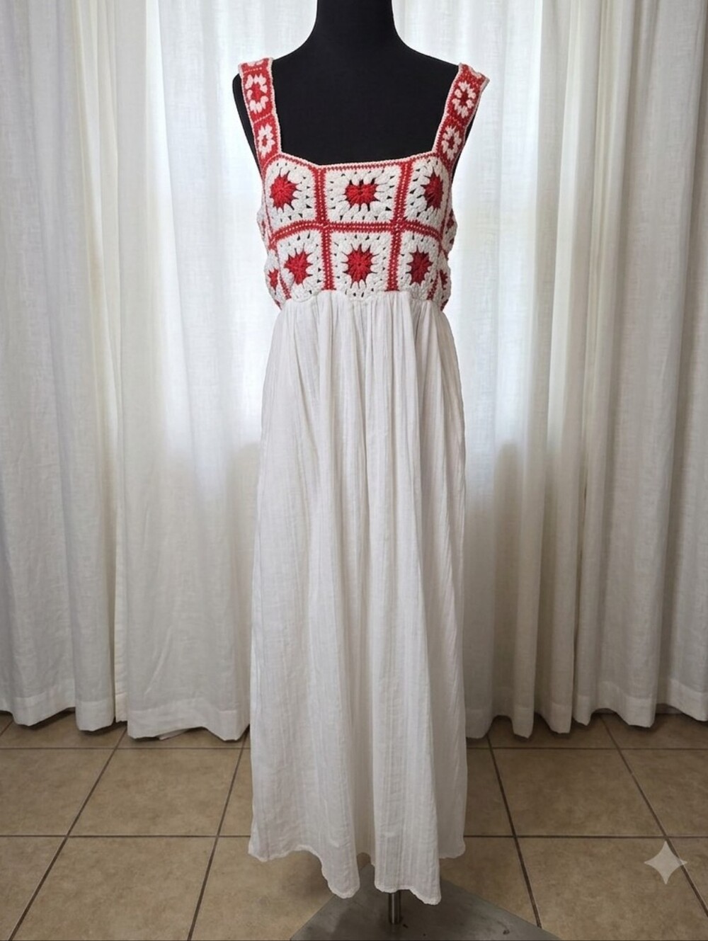 Nobody's Child Paola midi dress features a red and white crochet bodice.